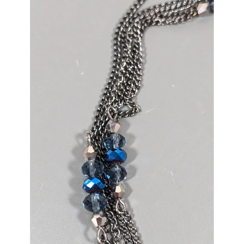 Gunmetal Multi Strand Layered Necklace Peacock Blue & Black Glass‎ Beads 33